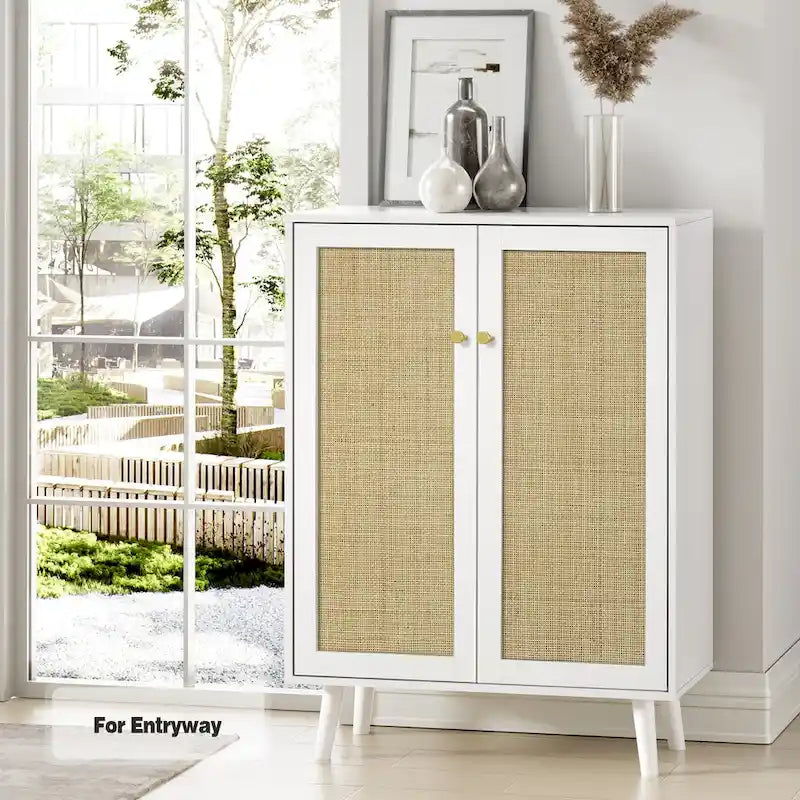 Bahut moderne 2 portes en rotin, meuble de rangement de cuisine pour salon