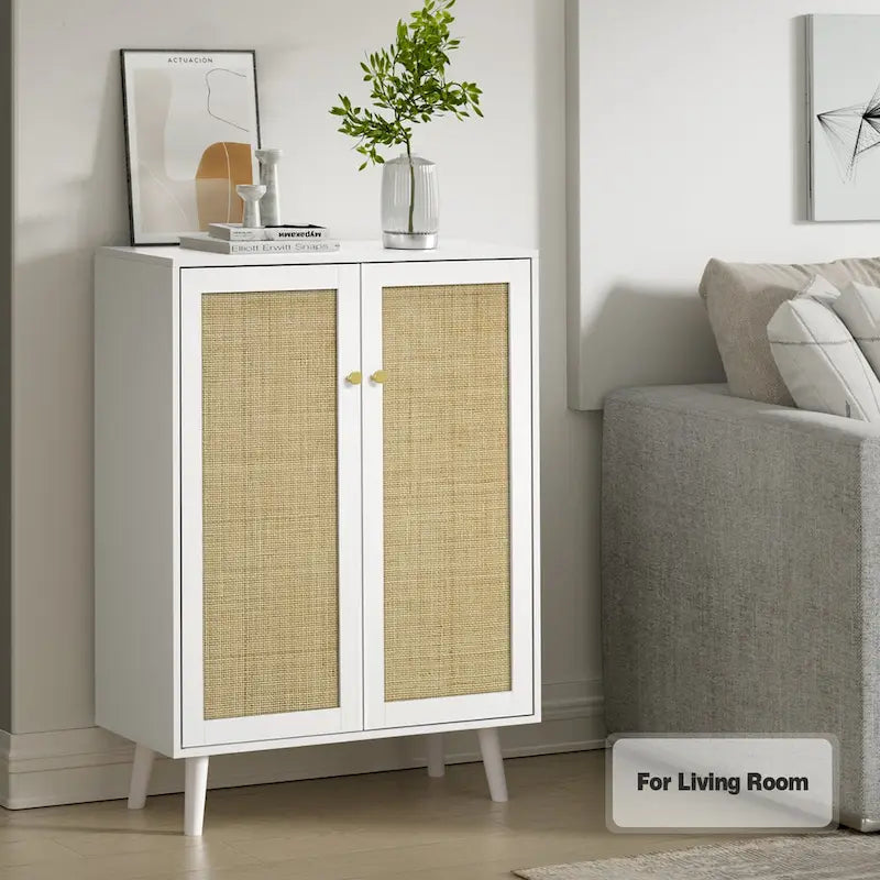 Bahut moderne 2 portes en rotin, meuble de rangement de cuisine pour salon