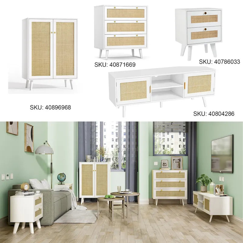 Bahut moderne 2 portes en rotin, meuble de rangement de cuisine pour salon