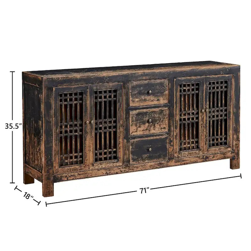 Buffet en pin ancien de 71 pouces avec portes à croisillons, noir frotté