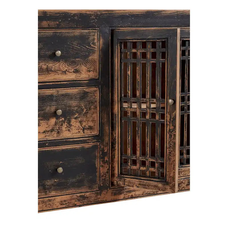 Buffet en pin ancien de 71 pouces avec portes à croisillons, noir frotté