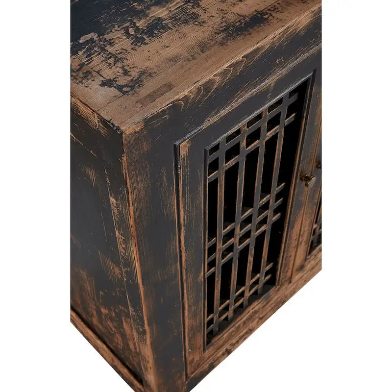 Buffet en pin ancien de 71 pouces avec portes à croisillons, noir frotté