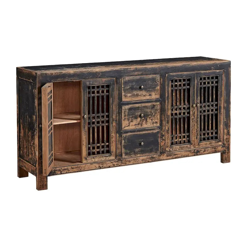 Buffet en pin ancien de 71 pouces avec portes à croisillons, noir frotté