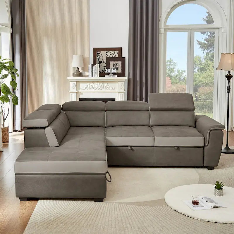 L Shaped Sectional Sofa with Pull Out Bed and Storage Compartment