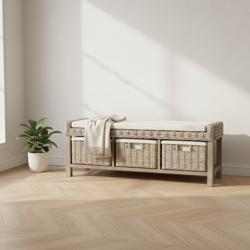 Banc de rangement 3 tiroirs en rotin blanc - 47Lx16Px18H