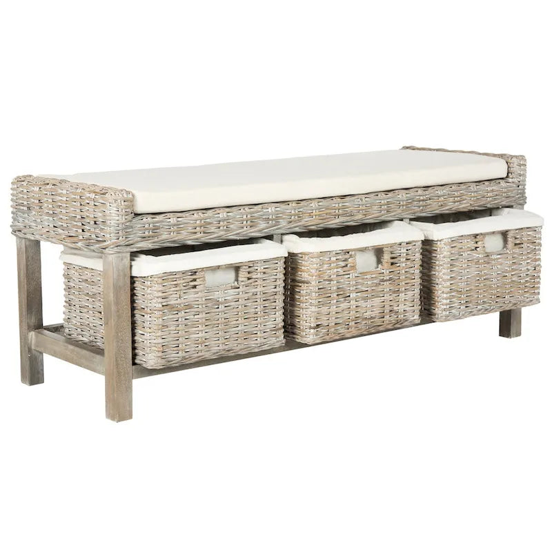 Banc de rangement 3 tiroirs en rotin blanc - 47Lx16Px18H